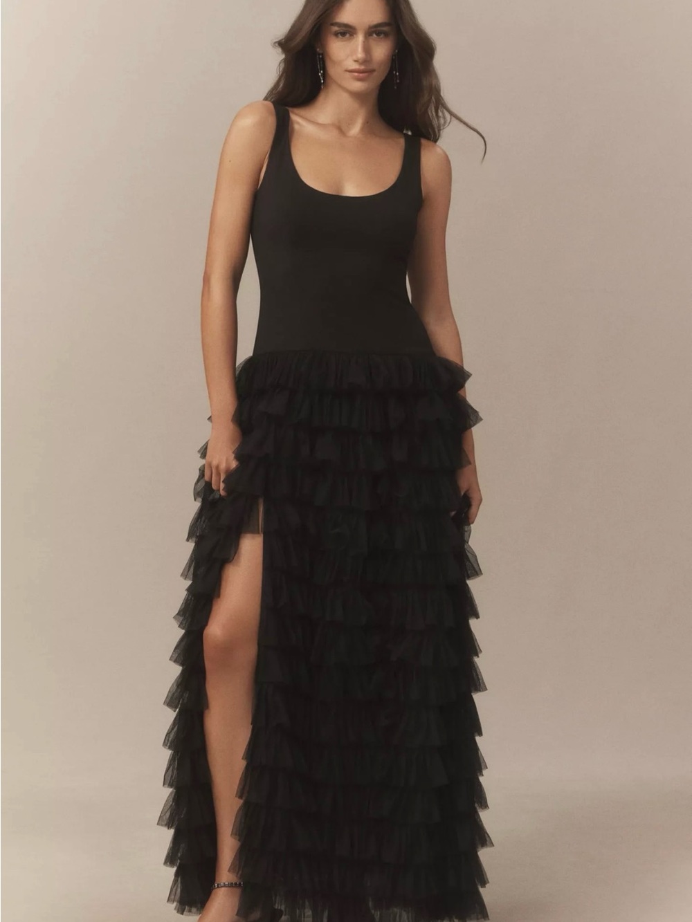 Black Ruffled Maxi Side slit formal dress Anthropologie 2 NWT